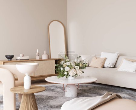 Foto de Moderna y luminosa sala de estar, sofá beige con mesa de café de mármol y florero sobre fondo blanco, 3d render - Imagen libre de derechos