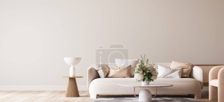 Foto de Moderna y luminosa sala de estar, sofá beige con mesa de café de mármol y florero sobre fondo blanco, 3d render - Imagen libre de derechos