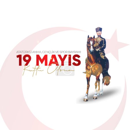 Illustration for May 19 Commemoration of Ataturk, Youth and Sports Day. Translation: Happy Commemoration of Ataturk, Youth and Sports Day. - Royalty Free Image