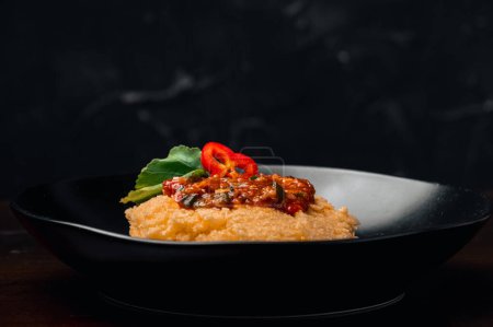 Téléchargez les photos : Assiette noire de polenta à la sauce tomate et farine de fromage fondu - en image libre de droit