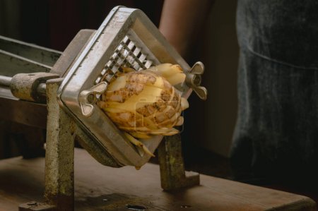Téléchargez les photos : Machine manuelle avec grille tranchante pour couper les pommes de terre ou les légumes - en image libre de droit