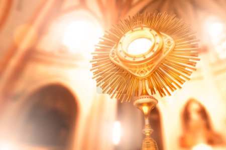 Foto de Jesucristo en la monstrancia presente en el sacramento de la Eucaristía - Ilustración 3D - Imagen libre de derechos