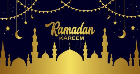 Ramadan Kareem diseña. Ilustración del Ramadán con luna dorada y linterna sobre fondo para la celebración del mes santo del Ramadán.