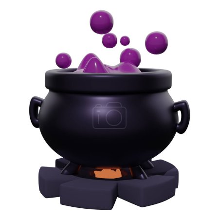 Photo for Cauldron with lilac potion and bubbles boils on fire isolated on white background. 3d rendering - Royalty Free Image