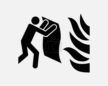 Illustration for Fire Blanket Extinguisher Person Putting Out Flames Black White Silhouette Sign Symbol Icon Clipart Graphic Artwork Pictogram Illustration Vector - Royalty Free Image
