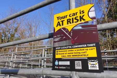 Photo for Sign about catalytic converter theft issued by Hertfordshire Constabulary - Royalty Free Image
