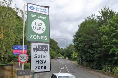Photo for Transport for London, Emission LEZ ULEZ Zone and 3.5 Tonne Safer HGV zone signs - Royalty Free Image