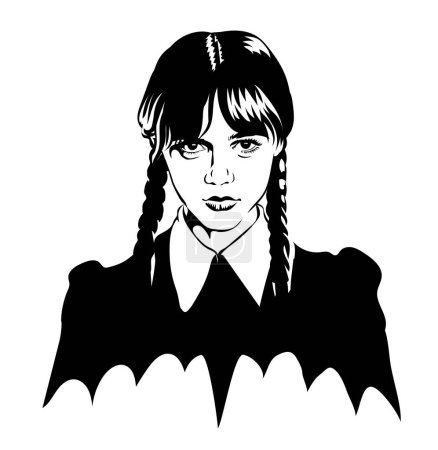 Illustration for Black and white portrait of a girl - a popular character Wednesday Addams - Royalty Free Image