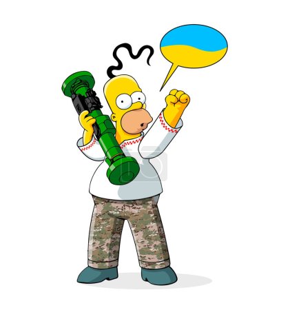 Illustration for Simpson with weapons in his hands, in camouflage pants and in the Ukrainian national shirt - Royalty Free Image
