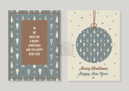 Vector geometric minimal Christmas New Year Set of greeting cards, holiday modern posters in grey brown beige colors. Bauble, dots, stars, winter abstract triangle trees pattern.