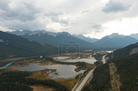 Nice aerial view of the Bow River and Vermilion Lakes on a cloudy day near Banff, Alberta.