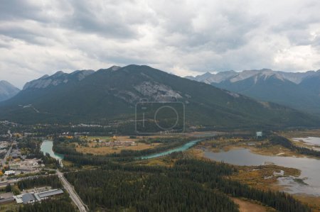Nice aerial view of the Bow River and Vermilion Lakes on a cloudy day near Banff, Alberta.