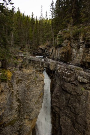 Upper falls in Johnston Canyon in the Rocky Mountains, Canada. With its beautiful trees, its high mountains.