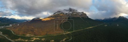 Panoramic Aerial view of a large mountain full of trees where the burned trees are separated by a strip. In the Canadian Rockies where only part of the mountain is burned, Jasper.