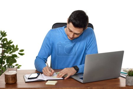 Photo for Freelance blogger taking notes, working business with laptop - Royalty Free Image