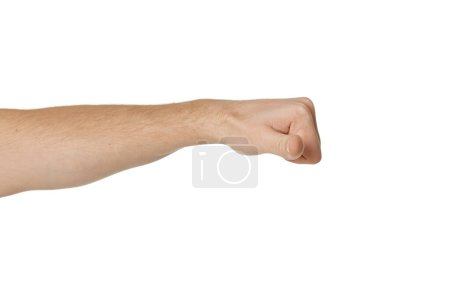 Photo for Male hand showing thumbs down sign on white background - Royalty Free Image