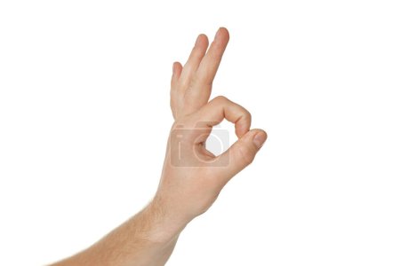 Téléchargez les photos : Main masculine montrant Ok geste isolé sur fond blanc - en image libre de droit