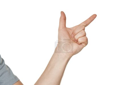 Téléchargez les photos : Main masculine pointant vers la droite avec l'index sur fond blanc - en image libre de droit