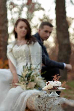 Foto de Pastel de otoño de boda en el árbol y pareja de boda en el fondo - Imagen libre de derechos