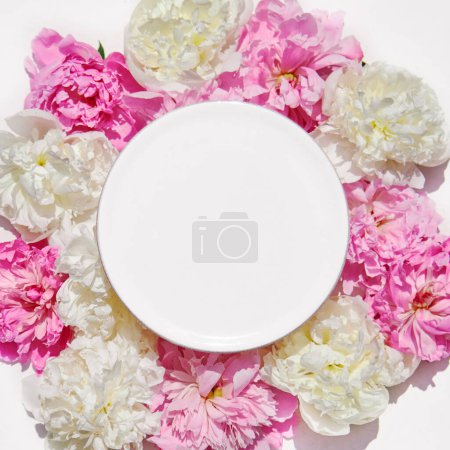 Photo for Beautiful frame with floral pions background. Free space for your design, mockup - Royalty Free Image