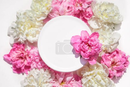 Photo for Beautiful frame with floral pions background. Free space for your design, mockup - Royalty Free Image