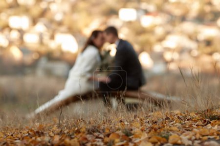 Photo for Blur background of bride and groom are sitting on tree in nature, focus on leaves - Royalty Free Image