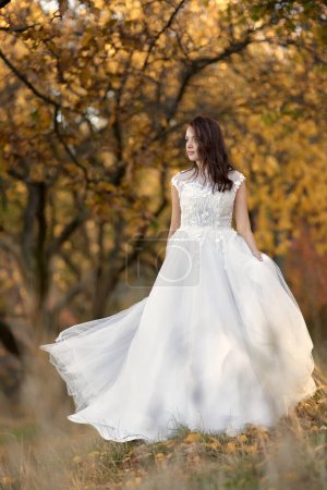 Foto de Hermosa novia sensual en vestido de novia blanco de pie al aire libre sobre fondo natural - Imagen libre de derechos
