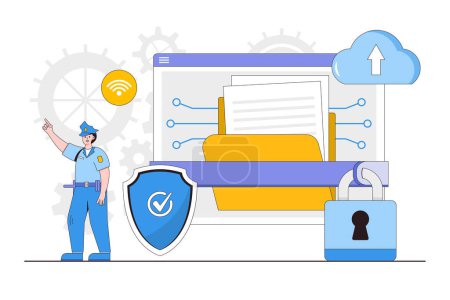 Illustration for Flat cyber data protection online with security guard standing and computer data concept. Outline design style minimal vector illustration for landing page, web banner, infographics, hero images. - Royalty Free Image