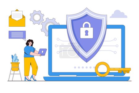Illustration for Flat cyber security concept. Outline design style minimal vector illustration for landing page, web banner, infographics, hero images. - Royalty Free Image