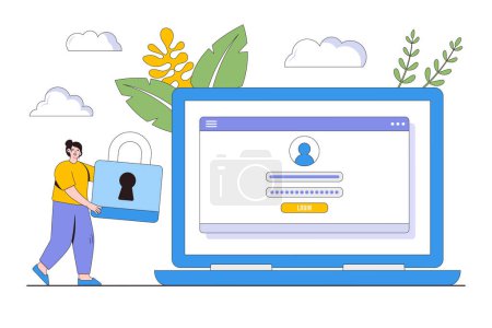 Flat laptop computer with people, padlock and password security access or verification code notification concept. Outline design illustration for landing page, web banner, infographics, hero images.