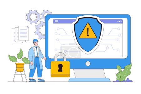 Flat cyber security with people characters concept. Outline design style minimal vector illustration for landing page, web banner, infographics, hero images.