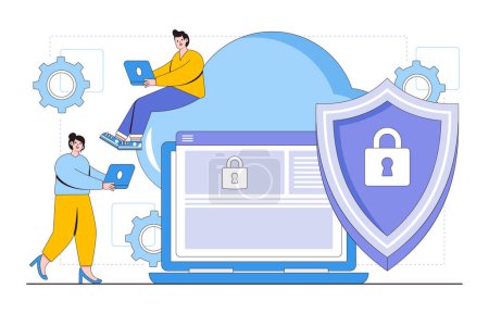 Illustration for Flat cloud computing security concept with people characters. Outline design style for landing page, web banner, infographics, hero images. - Royalty Free Image