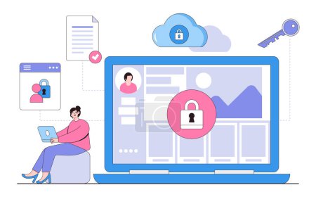 Flat data protection law with people characters concept. Outline design style minimal vector illustration for landing page, web banner, infographics, hero images.