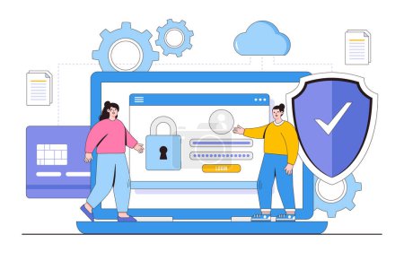 Illustration for Flat cyber data security online, internet security or information privacy & protection concept. Outline design style vector illustration for landing page, web banner, infographics, hero images. - Royalty Free Image