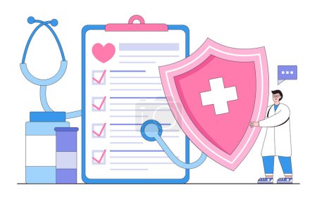 Illustration for Flat health insurance claim form and protective shield concept. Outline design style minimal vector illustration for landing page, web banner, infographics, hero images - Royalty Free Image
