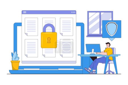 Flat secure login concept with people characters. Outline design style minimal vector illustration for landing page, web banner, infographics, hero images