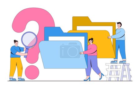Flat characters of people searching through files concept. Outline design style minimal vector illustration for landing page, web banner, infographics, hero images