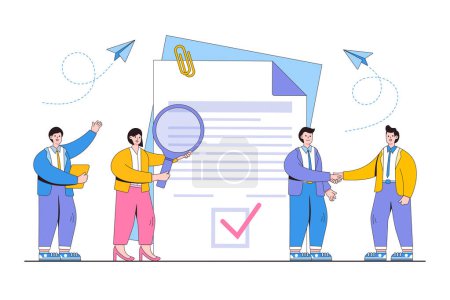 Illustration for Flat business people reading legal document with people characters concept. Outline design style minimal vector illustration for landing page, web banner, infographics, hero images - Royalty Free Image