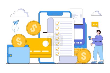 Illustration for Flat receive on smartphone with coin money and credit card online shopping and success payment concept. Outline design style illustration for landing page, web banner, infographics, hero images. - Royalty Free Image