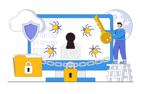 Illustration for Flat cyber security with people characters concept. Outline design style minimal vector illustration for landing page, web banner, infographics, hero images. - Royalty Free Image