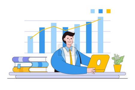 Illustration for Male Office workers are studying the infographics, the analysis of the evolutionary scale. Vector illustration of business graphics, distance learning and education. - Royalty Free Image