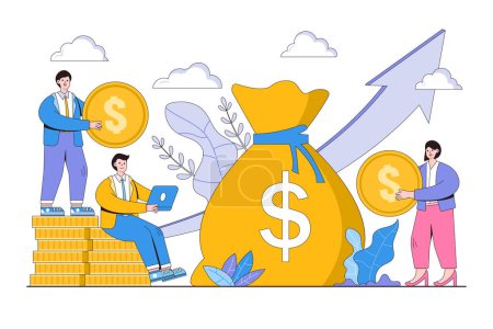 Illustration for Money investment concept. Business people invest their money for profit. Putting capital in new project to gain profitable returns. Flat cartoon character design for landing page, web mobile, banner. - Royalty Free Image