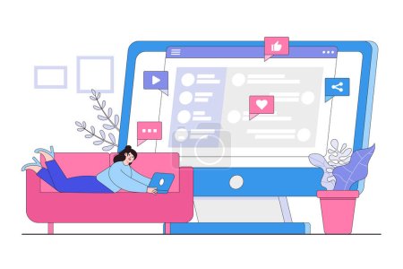 Young woman relaxing at sofa with laptop. The girl chatting with friends via digital device, social media. Flat cartoon character design for landing page, web mobile and banner.