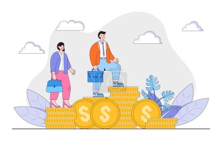Illustration for Flat man and woman standing on different stacks of gold coins concept. Outline design style minimal vector illustration for landing page, web banner, infographics, hero images. - Royalty Free Image