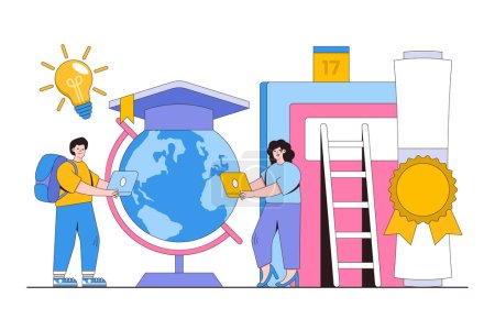 Illustration pour Education and learning knowledge concept with characters. School, university and college graduation. Personal growth degree and development using book research, teacher and literature. - image libre de droit