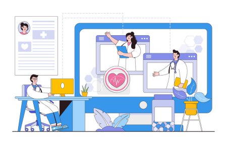 Illustration for Virtual medical conference and teleconference concept. Group of doctors connecting online and conferencing on video conference call. Outline design style minimal vector illustration for landing page. - Royalty Free Image