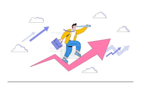 Investment opportunity, visionary to earn profit, make money or financial growth concept. Smart businessman riding arrow holding telescope to see future. Minimal vector illustration for landing page.