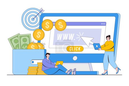 Pay per click, make money online concept. Young man and woman using laptop to earn profit. Outline design style minimal vector illustration for landing page, web banner, infographics, hero images.