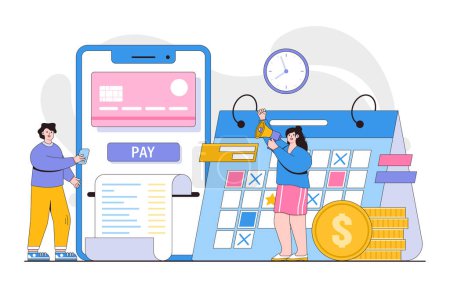 Illustration for Monthly payment concept. Man pays regular fees online and woman makes notice in calendar. Outline design style minimal vector illustration for landing page, web banner, infographics, hero images. - Royalty Free Image