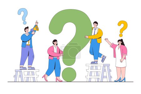 Illustration for Problem solving question search for answer, big punctuation mark with people around, research concept. Outline design style minimal vector illustration for landing page, infographics, hero images. - Royalty Free Image